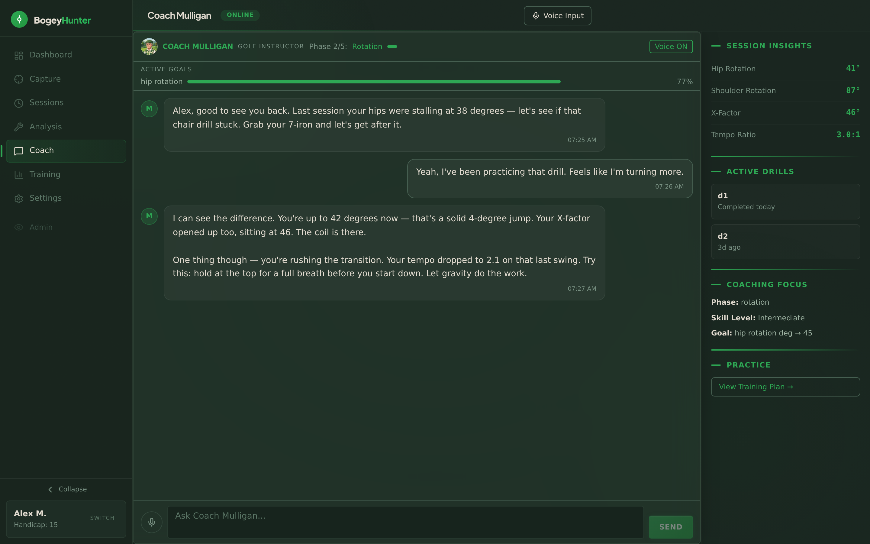 BogeyHunter Coach Mulligan — conversational AI coaching