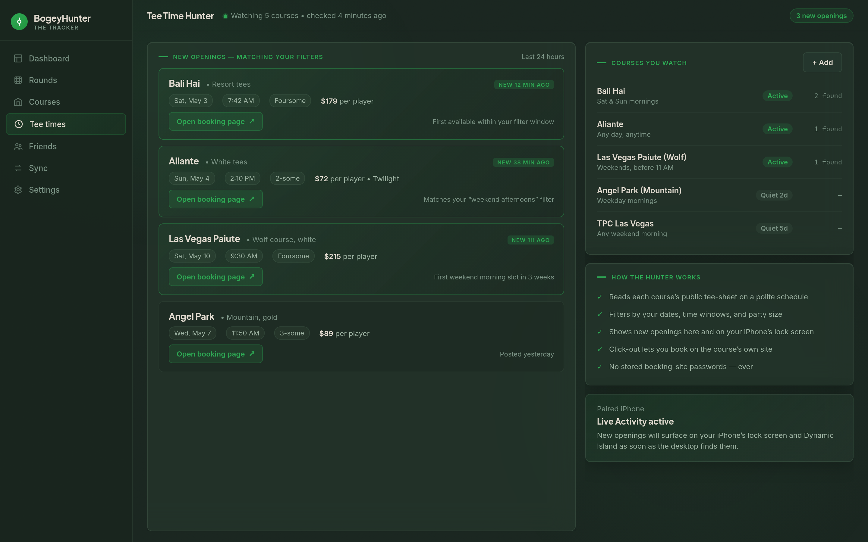 The Tracker desktop Tee Time Hunter — new openings list, watched courses panel, and how-it-works summary