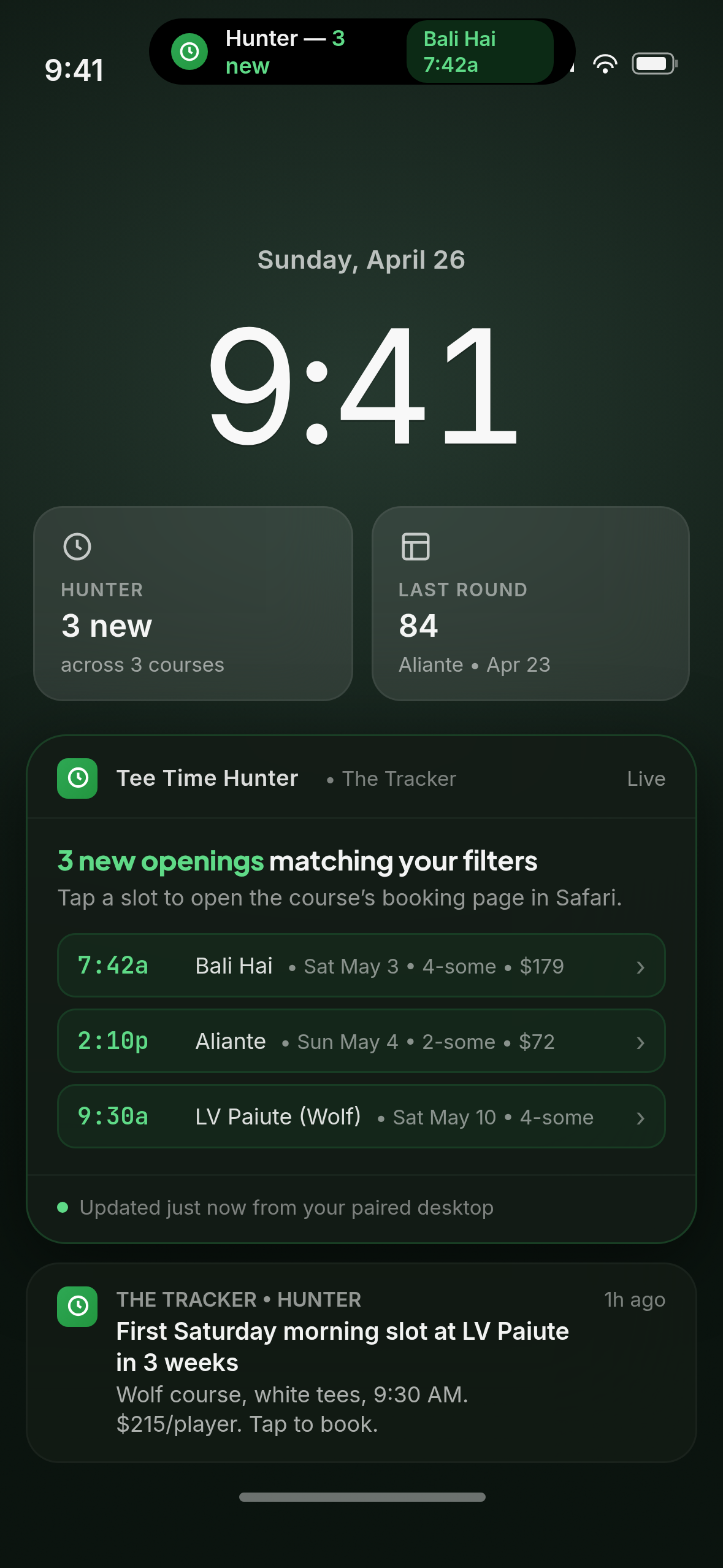 iPhone lock screen with Tee Time Hunter Live Activity showing three new openings and Dynamic Island summary