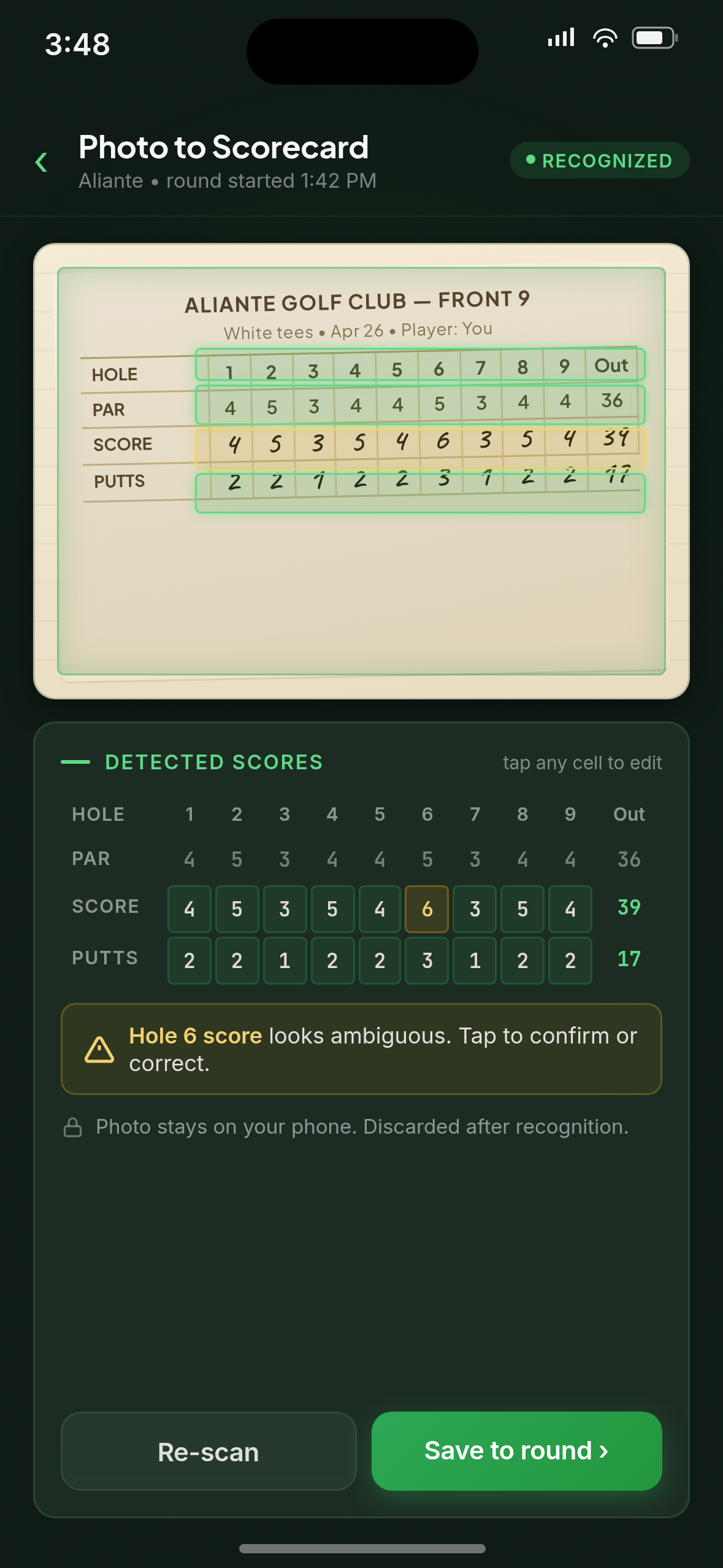 iPhone Photo-to-Scorecard OCR — paper card scan with detected scores highlighted, review panel below with editable cells