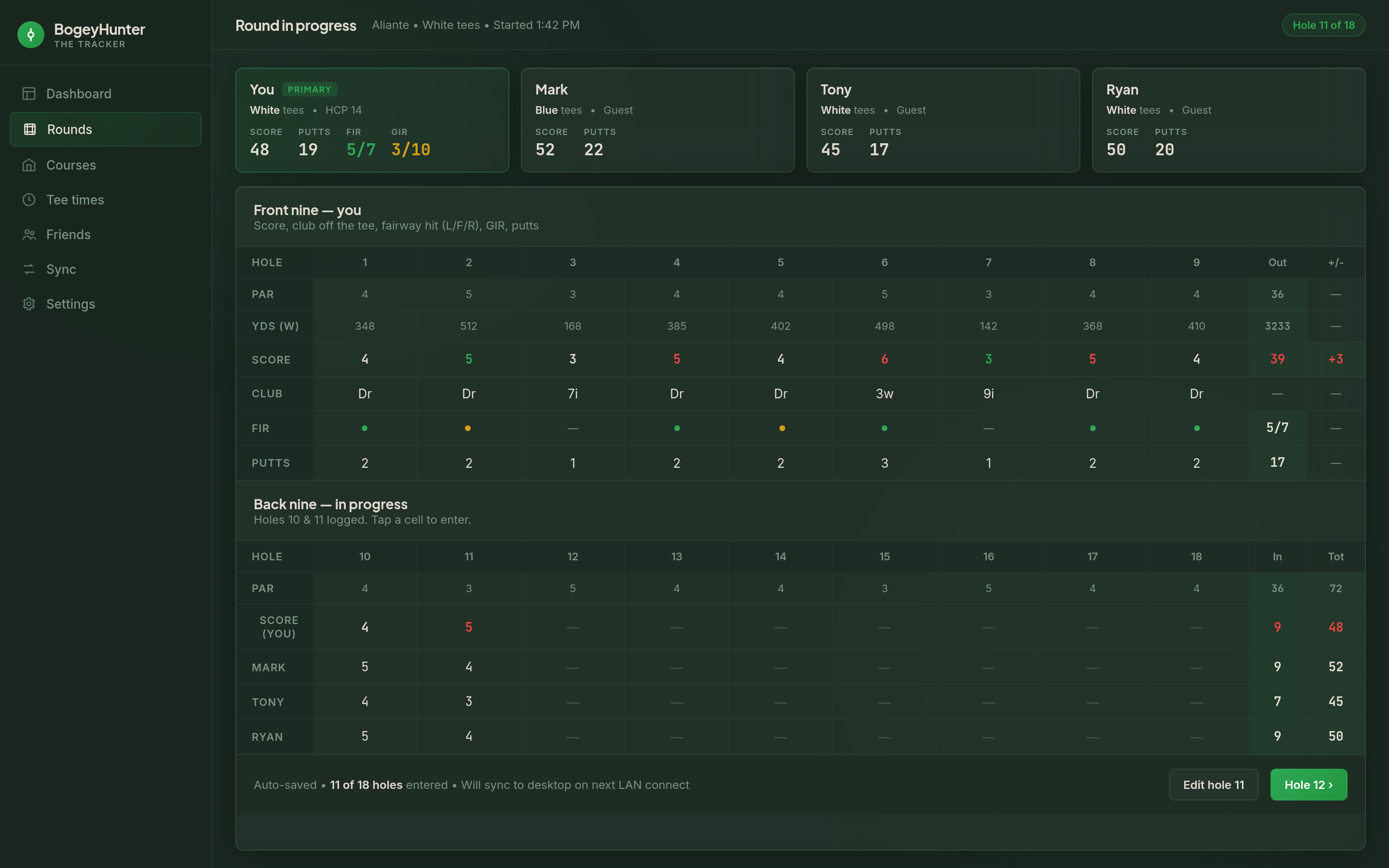 The Tracker desktop scorecard — primary player plus three guests, hole-by-hole front and back nine entry